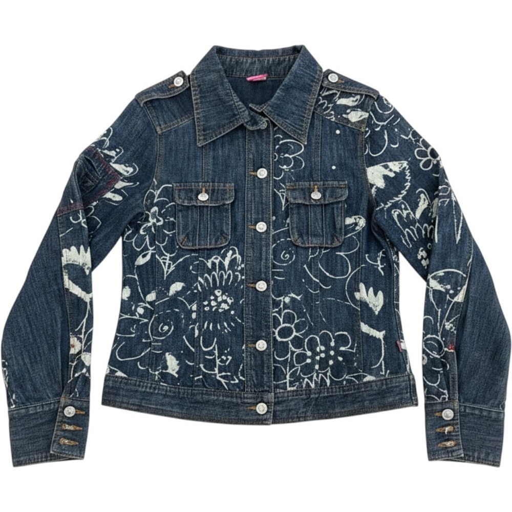 Oilily Womens Floral Doodle Print Denim Jacket Dark Wash Rhinestone Size 40